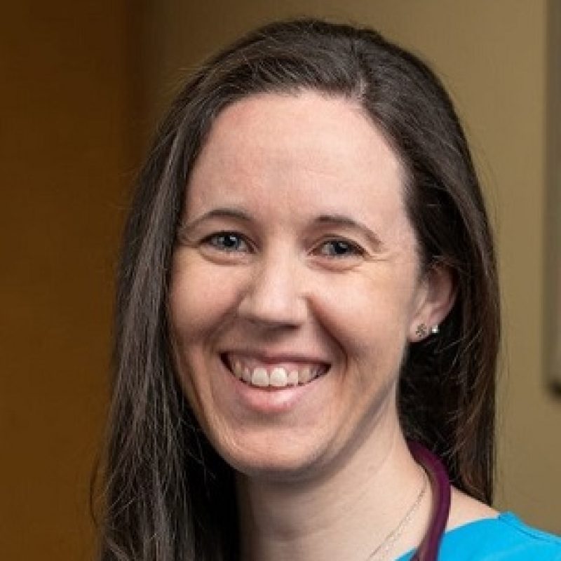 Dr. Greta VanDeventer, DVM, DACVS-SA, wearing a teal scrub top with a stethoscope around her neck, smiling warmly in an indoor clinical environment.